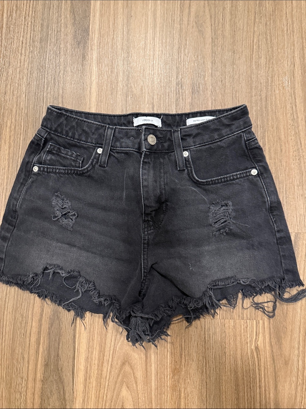 Forever 21 Black Distressed Frayed Denim Shorts
